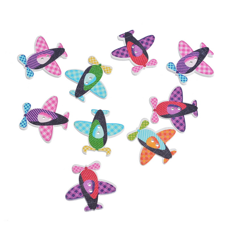 30PCs Multicolor font b Tartan b font Design Airplane Helicopter Shape 2 Holes Wood Buttons Fit