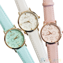 Women s Geneva Faux Leather Band Elegant Flower Casual Analog Quartz Wrist Watch 6LA1