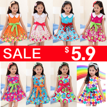 New summer kids clothes floral bow 100% cotton child party princess tank girl dress sundress size 4-14 Free Shipping