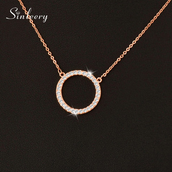 SINLEERY Shiny Paved Tiny Crysral Circle Round Necklaces & Pendants Silver Rose Gold Color Chain Jewelry For Women XL089 SSB