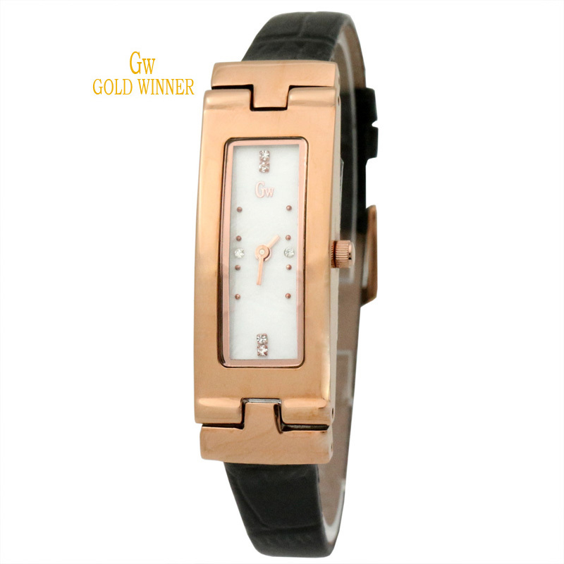 Gold Winner Brand Shell Rectangle Diamond Face Dial Watches Leather Band Quartz Watches Women Girl Wristwatches GW180040