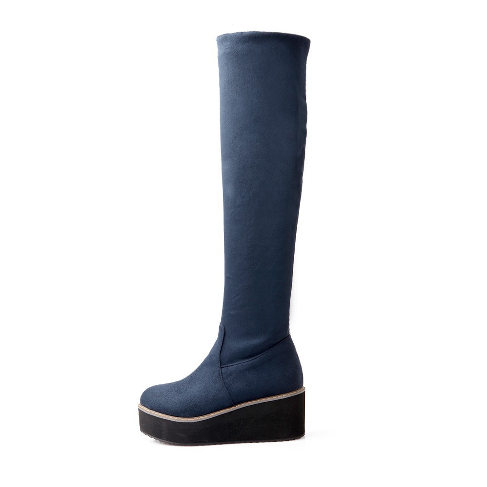 Stretch Nubuck&PU Black Red Blue Wedge Platform Women Thigh High
