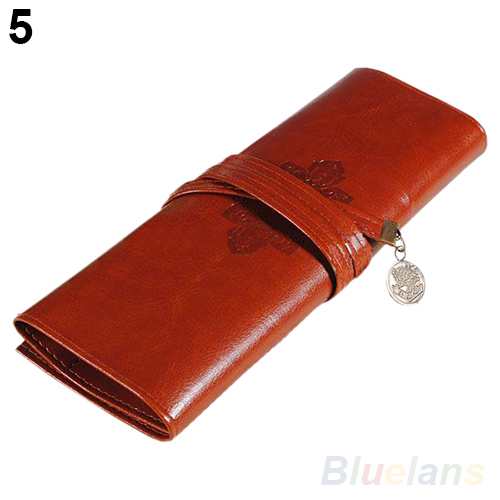 Vintage Retro Roll Leather Make up Cosmetic Pen Pencil Case Pouch Purse Bag