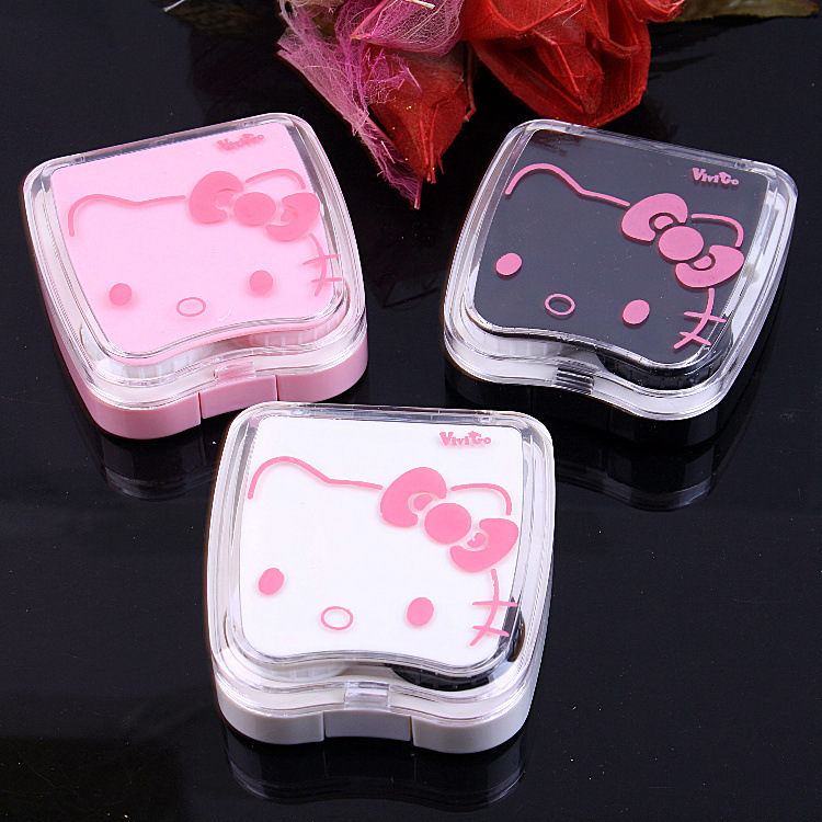 2014 New hello kitty contact lens case for eyes cute plastic eyeglass case for lenses care box set with sucker and Tweezers