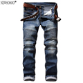 Newsosoo brand Mens pleated biker jeans for men slim fit Snow washed patch balmans style stretch