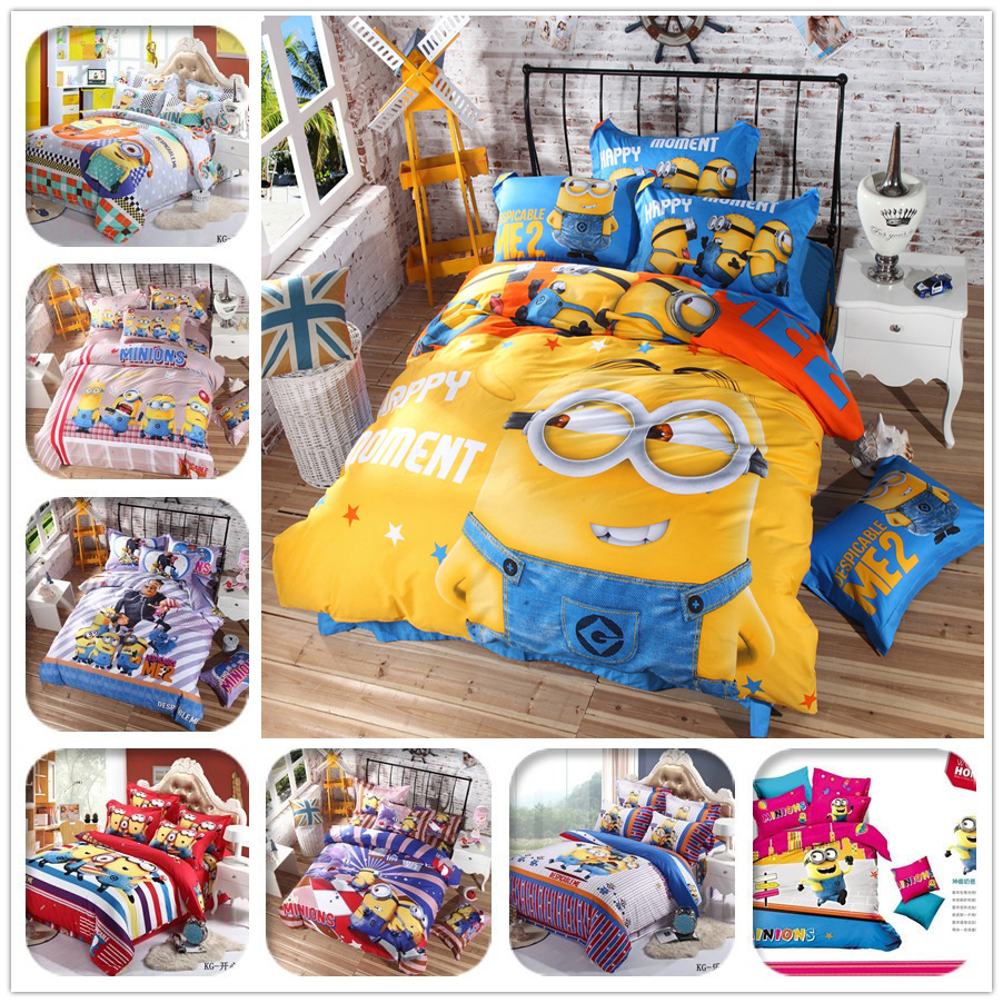 Cartoon 3d Bedding Set Minions Mickey Mouse Hello Kitty Printed for Kids Cotton Bed Linen 4pcs Duvet Cover Bed Sheet Pillowcases