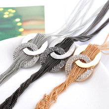 Long Tassel Necklaces Jewelry Gold Filled Fashion Rhinestone Round Pendant Necklace for Girl Sweater Chain for Women Statement