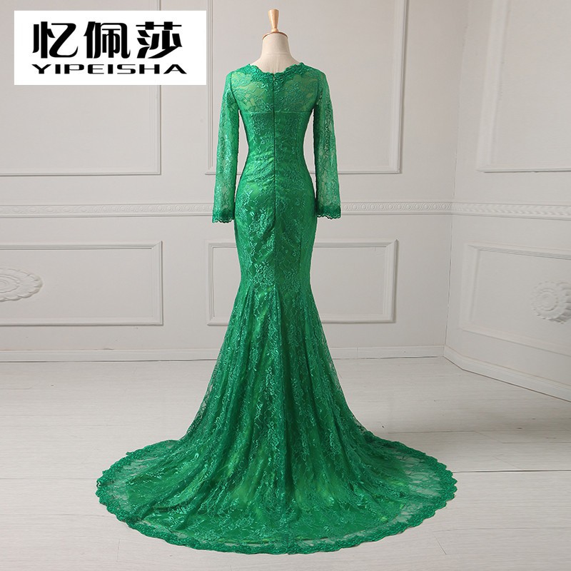 2015 Long Sleeve Evening Dresses Vintage Green Lace Mermaid High Neck Court Train EveningFormal Gowns For Womens 