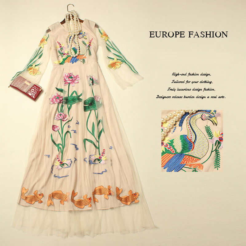 Elegant Dress 2016 Autumn Muslim Abaya Fashion Full Sleeve Mid-Calf Birds/Fish Embroidery Mesh Hollow Ethnic Style Long Dress