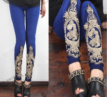 2015 New Female Plus Size Royal Blue Slimming Skinny Luxury Lace Embroidery Boutique Pants Girls Special Leggings Free Shipping