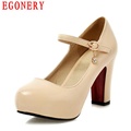 Round Toe Buckle Strap Square High Heel Fashion Womens Shoe Pump Faux Leather Air Dress Shoes