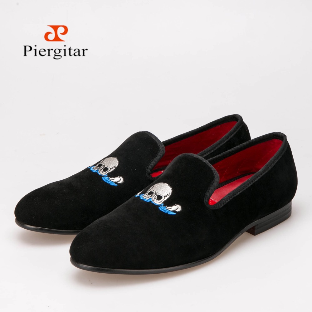 Men's shoes velvet loafers Smoking Slippers hand embroidered blue skull logo plus size US6-14 free shipping
