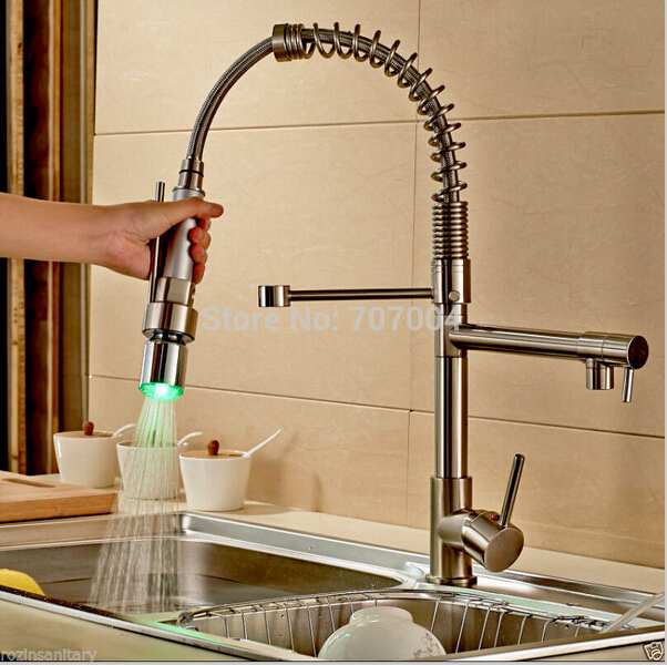 Promotion LED Color Changing Spring Dual Spout Kitchen Sink Faucet Deck Mount Brass Hot and Cold Water Kitchen Mixer Taps Promotion LED Color Changing Spring Dual Spout Kitchen Sink Faucet Deck Mount Brass Hot and Cold Water Kitchen Mixer Taps