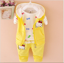 Children Girls Clothing Suits Spring Hello kitty Cute Costume Baby Kids Child Cartoon Clothes Set 3pcs Sets Vest+T-Shirt+Pants