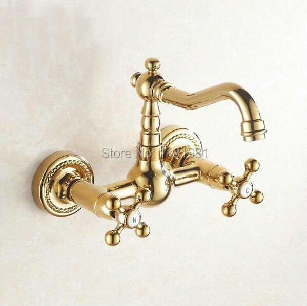 Dual Cross Handles Wall Brass Gold Hot&Cold Bathroom Kitchen Basin Sink swivel Faucet Mixer Tap 8117G