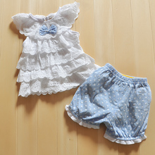 Baby Girls Cake layers of lace sleeveless tops shorts Clothes suits Blue Polka Dot Polka Dot