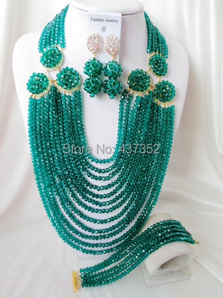 2015 New Fashion! Army green crystal beads necklaces costume nigerian wedding african beads jewelry sets NC2227