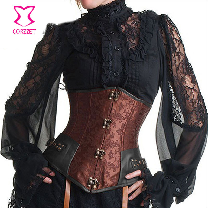 Sexy Bustier Steampunk Corset Brown Brocade Waist Training Corsets and Bustiers Steel Boned Corselet Underbust Gothic