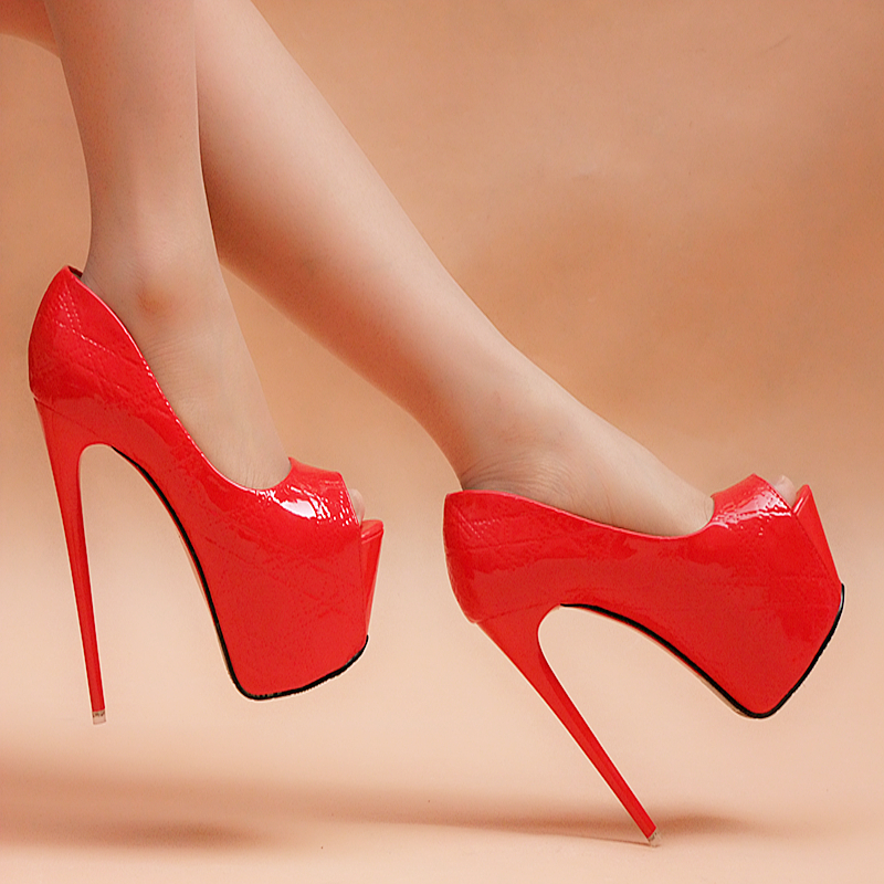 Open toe high-heeled single shoes female ultra high heels single shoes red ...