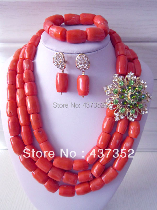 New Design Fashion African Nigerian Wedding African Pink Coral Beads Jewelry Set Necklace Bracelet Clip Earrings CWS-147