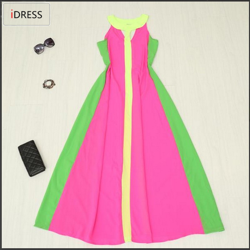 IDress Women Summer 2015 Casual Maxi Summer Dress Long Patchwork Loose Bohemian Beach Vestidos Contrast Color Chiffon Maxi Dress (14)