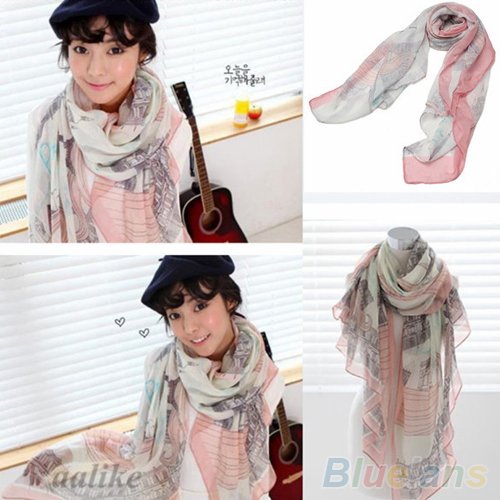 Voile Soft Long Scarf Women Eiffel Tower Printed Wrap Shawl Stole Scarves 1T1O