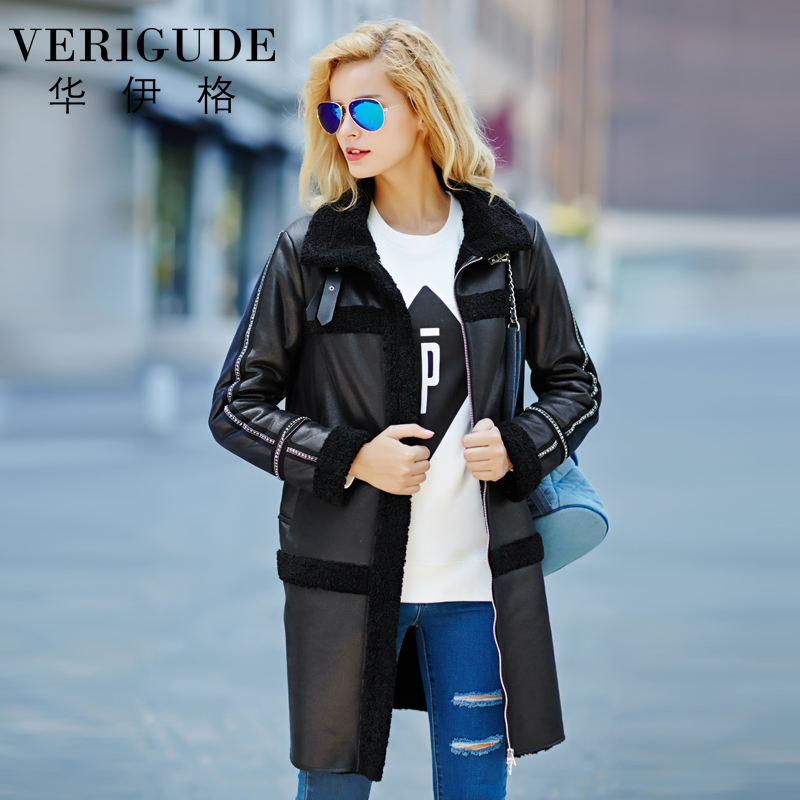 Veri Gude Long Coat Winter Women Faux Fur Coat Faux Leather Synthetic Patchwork Straight Style