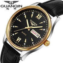 Origianl GUANQIN 2015 Top Brand Luxury Fashion Quartz Mens Watches Waterproof Luminous Leather Strap Week Calendar Male Watches