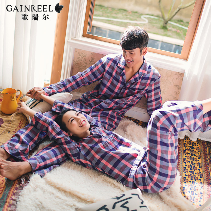Song Riel autumn and winter plaid cotton long sleeved pajamas couple home service men and women