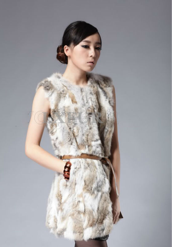 2015 New Spring Womens Real Pieces Rabbit Fur Vest with PU Leather Belt Casual Rabbit Gilet Waistcoat Sleeveless Outwear LX00310