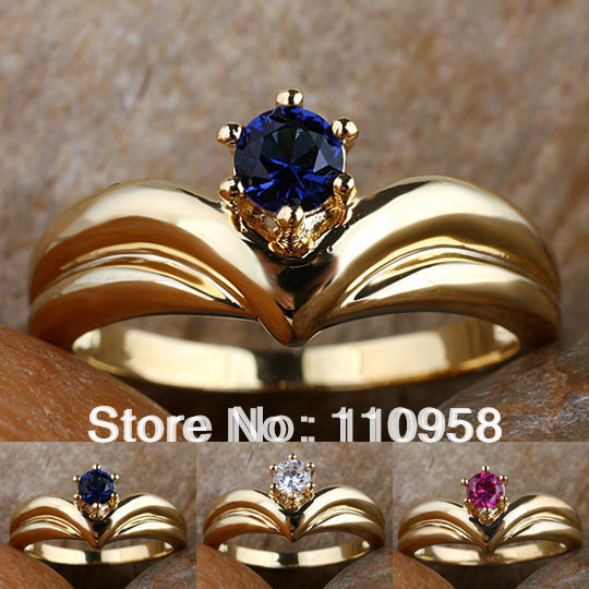 Women s Crown Shape Round Red Ruby Blue Sapphire Simulated Diamond Gold Filled Ring R111 NAL