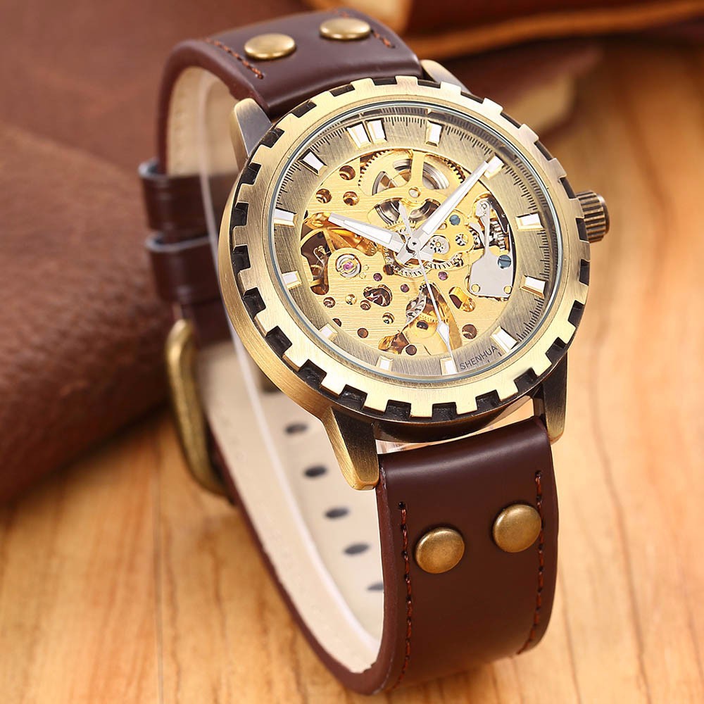 Watches Men 2016 Luxury Vintage Bronze Case Leather Strap Automatic