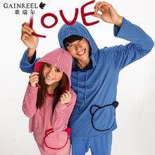 Song Riel casual and comfortable cotton hooded men and women fashion striped pajamas couple home service package autumn passion