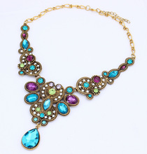 Jewelry Fashion Vinatge Bohemia Gem Colorful Drop Choker Necklace Statement For Woman 2015 New sc98
