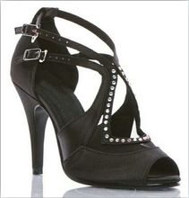 New Ladies Girls Black Satin Crystal Salsa Ballroom Dance Shoes Latin Mambo Tango Dance Shoes ALL Size