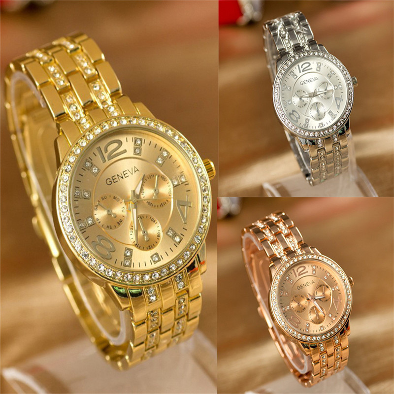 2015 New Women Men Popular Geneva Bling Stainless Steel Quartz Rhinestone Crystal Wrist Watch Gift Free