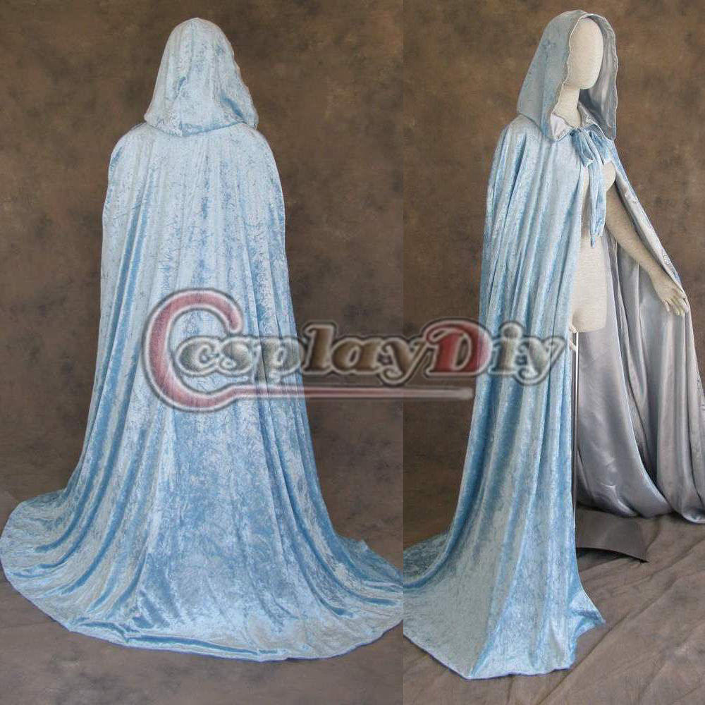 Custom Made Gothic Medieval Hooded Light Blue Velvet and Silver Satin Cloak Cape Robe Wedding Wicca Vampire Cape For Halloween