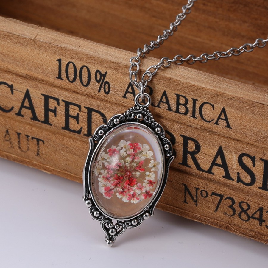 Women Glass Necklace Vintage Crystal Mirror Shape Natural Real Dried Red Flower Pendant Necklace Jewelry Trinket Travel Souvenir (2)