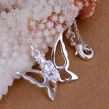 P115 Wholesale 925 silver pendant necklace silver jewelry Necklace fashion 925 silver charm dual inlaid stone butterfly necklace