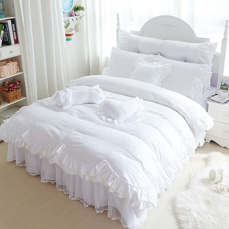 Romantic Ruffles Lace Snow White Bedding Set Princess Duvet Cover