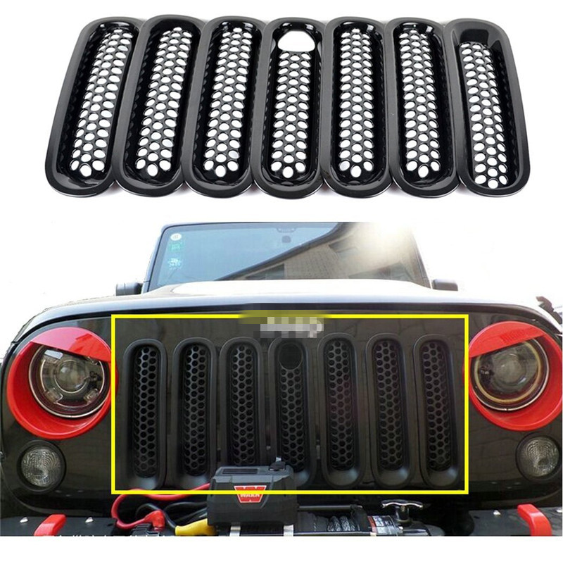 7 Pieces Black Front Grill Mesh Grille Insert with Key Hood Lock for Jeep Wrangler Jk Rubicon Sahara & Unlimited 2007-2015