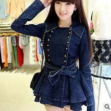 women winter coat Blue lotus leaf long sleeved double breasted jacket female Korean Denim Jacket Free Shipping