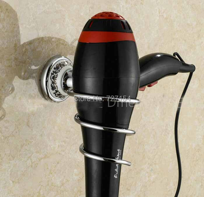 Free Shipping! Chrome Finish Bathroom Hair Dryer Holder Wall Mounted Storage Holder Ceramic Base