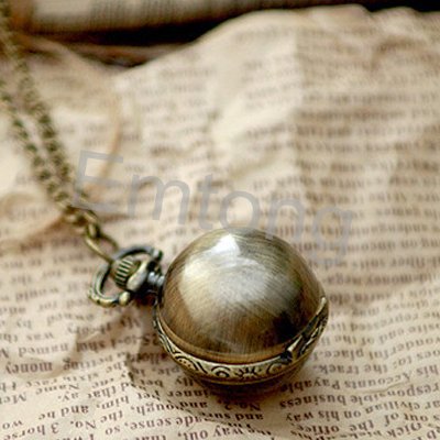 Antique Vintage Style Bronce Brass Ball Pendant Quartz New Necklace Pocket Watch Gift Free Chain Xmas WP072