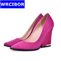 2017 Woman Fashion Shallow Cow Suede Comfortable Wedges Heels pointed Toe High Heels Genuine leather Pumps