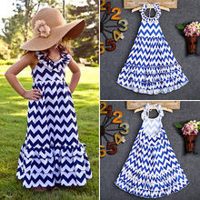 Fashion Kids Children Girls Dresses Blue & White Wavy Brief Striped Boho Maxi Party Dress New Summer 3 4 5 6 7 8 9Y