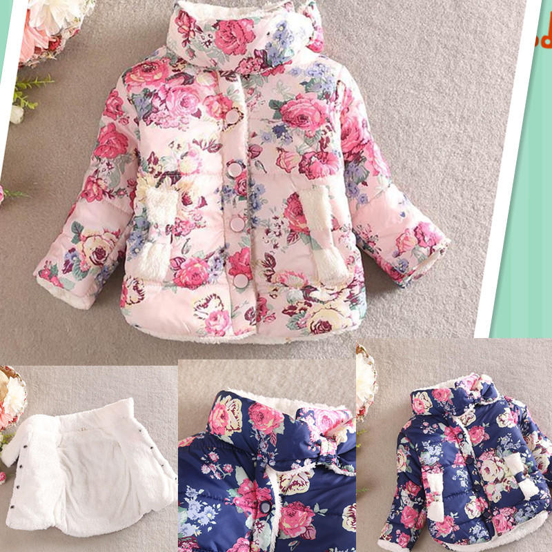2015 floral girls warm coat baby winter jacket children cotton-padded clothes kids christmas outwear thick winter kids jacket