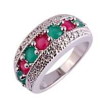 New Women Rings Jewelry Delicate Red Green Emerald & Ruby 925 Silver Band Ring Size 6 7 8 9 10 11 12 Wholesale Free Shipping