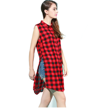 Women Red black Plaid Turn-down Collar sleeveless summer Shirt Blouse Split Casual fashion top quality 100% cotton plus size