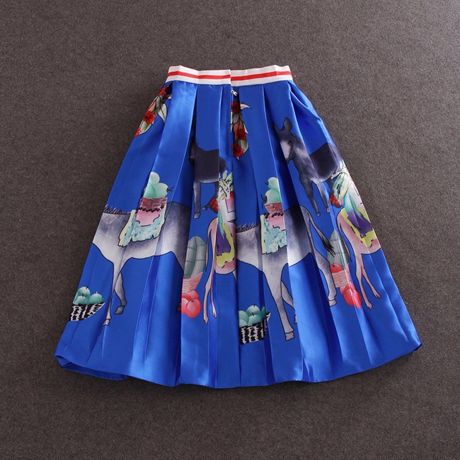 2015 Fashion Runway Style Print Short Sleeve Shirt and Print Ball Gown Skirt Women 2 pieces Set (5)